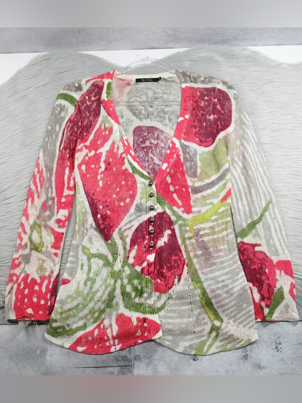 NIC+ZOE Floral V‑Neck Button Sweater in Pink, Green & Cream